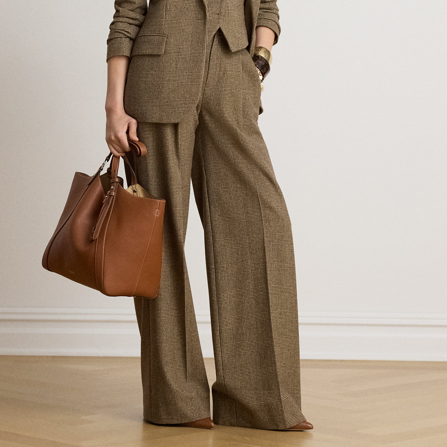 Glen Plaid Brushed Wool Wide-Leg Trouser