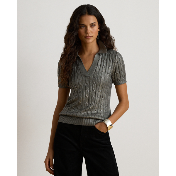 Metallic Cable-Knit Short-Sleeve Jumper