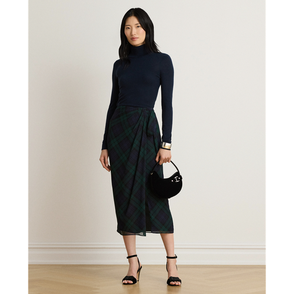 Plaid Tie-Front Georgette Midi Skirt