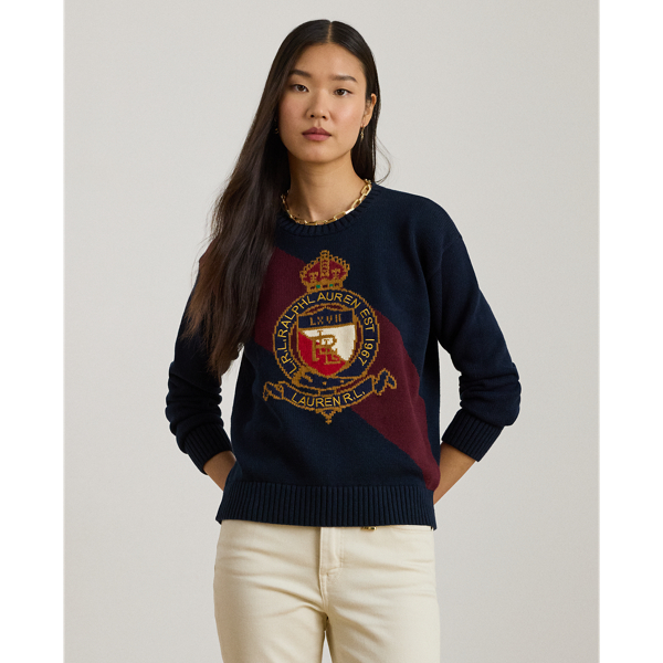 Ralph Lauren Color-blocked Crest Cotton Sweater In Blue