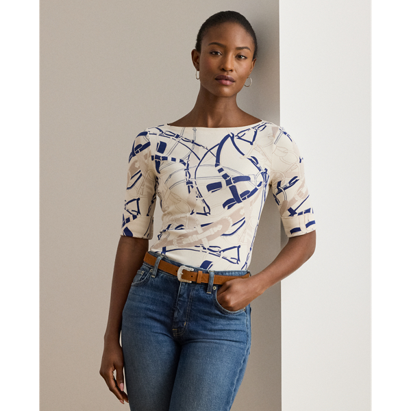 Ralph Lauren Womens Belting Print Cotton Boatneck Tee P Xs Xxl In Neutral