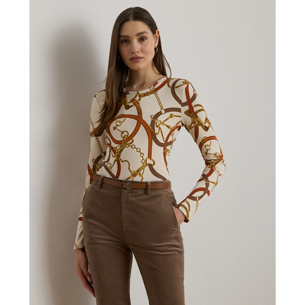 Ralph Lauren Womens Belting Print Cotton Long Sleeve Tee P Xs Xxl In Neutral
