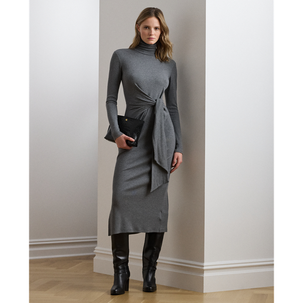 Ralph Lauren Tie-front Turtleneck Dress In Gray
