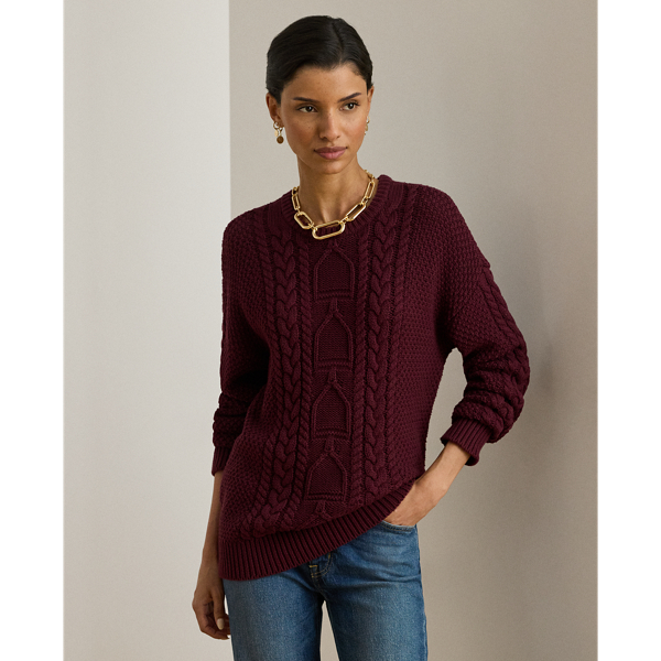 Ralph Lauren Cable-knit Cotton Crewneck Sweater In Burgundy