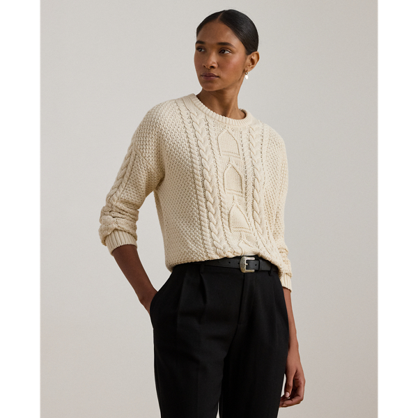 Ralph Lauren Cable-knit Cotton Crewneck Sweater In Brown