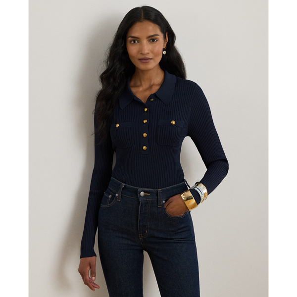 Ralph Lauren Rib-knit Long-sleeve Polo Sweater In Blue