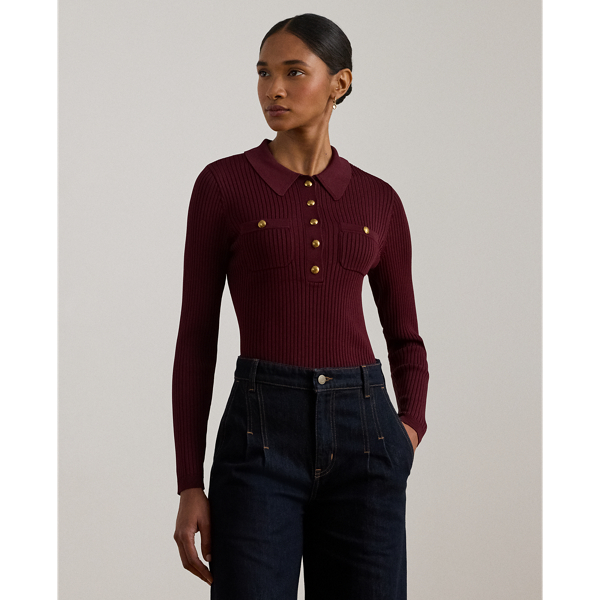 Ralph Lauren Rib-knit Long-sleeve Polo Sweater In Burgundy