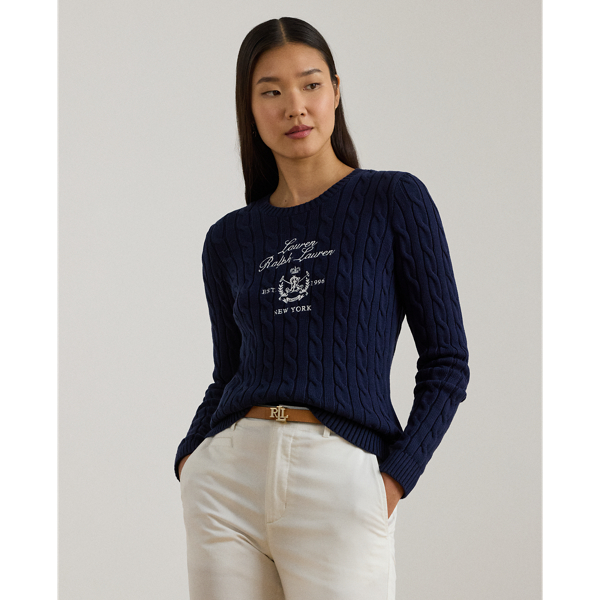 Ralph Lauren Embroidered-crest Cable-knit Sweater In Blue