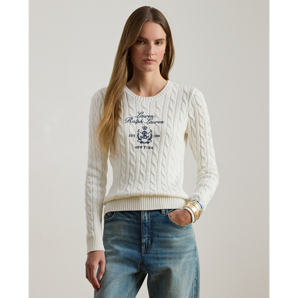 Ralph Lauren Embroidered-crest Cable-knit Sweater In White