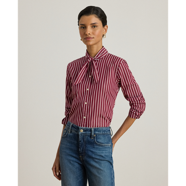 Ralph Lauren Striped Cotton Broadcloth Tie-neck Shirt In Brown