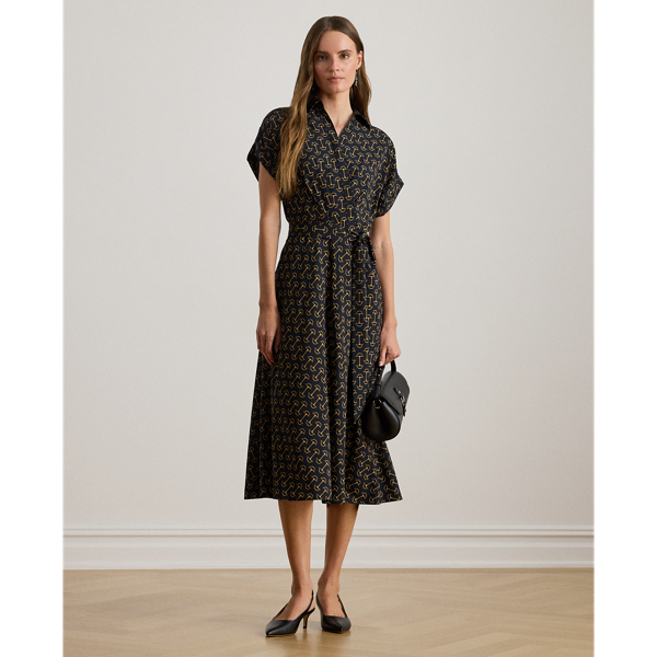 Ralph Lauren Geo-print Belted Crepe Dress In Black