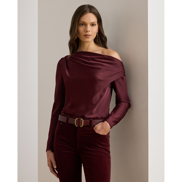 Ralph Lauren Satin Charmeuse Off-the-shoulder Blouse In Burgundy