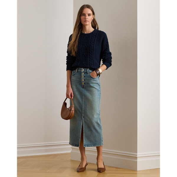 Ralph Lauren Denim Pencil Midi Skirt In Black