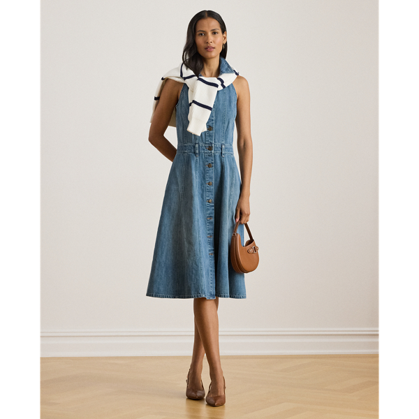 Ralph Lauren Paneled Denim Sleeveless Shirtdress In Blue