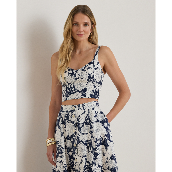 Ralph Lauren Floral Linen Cropped Bustier Blouse In White/navy In Multi