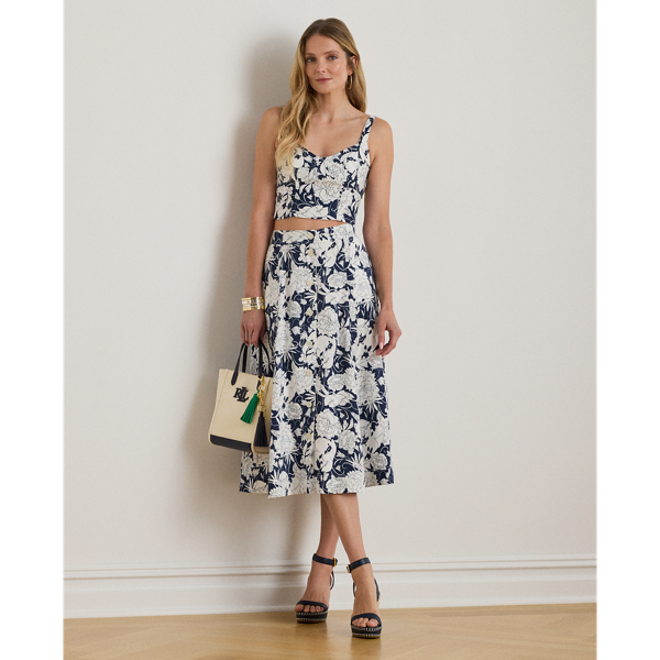 Ralph Lauren Floral Button-front Linen Midi Skirt In Multi