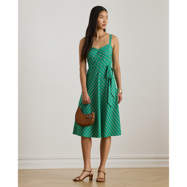 Ralph Lauren Striped Belted Cotton Sleeveless Dress In Multi