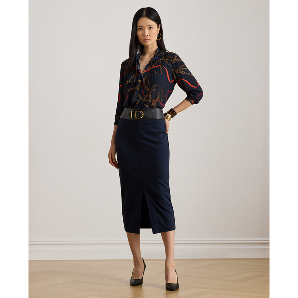 Ralph Lauren Buckle-trim Ponte Pencil Midi Skirt In Blue