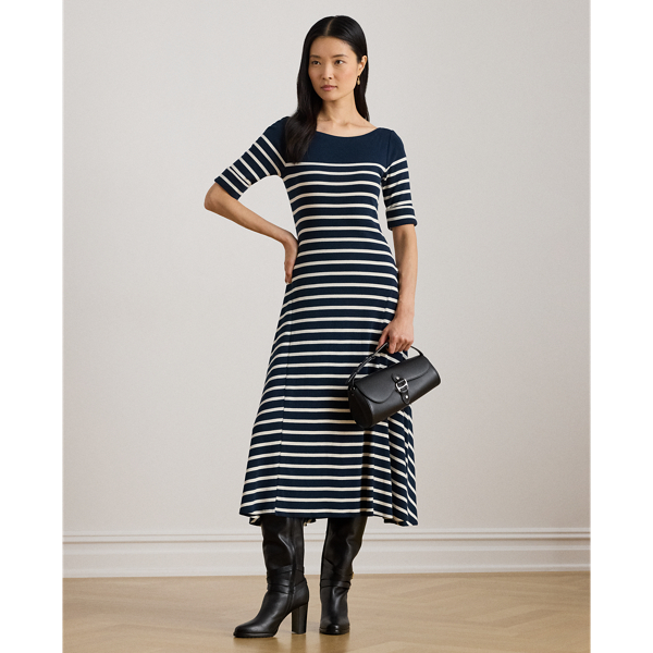 Ralph Lauren Striped Cotton Rib-knit Midi Dress In Black
