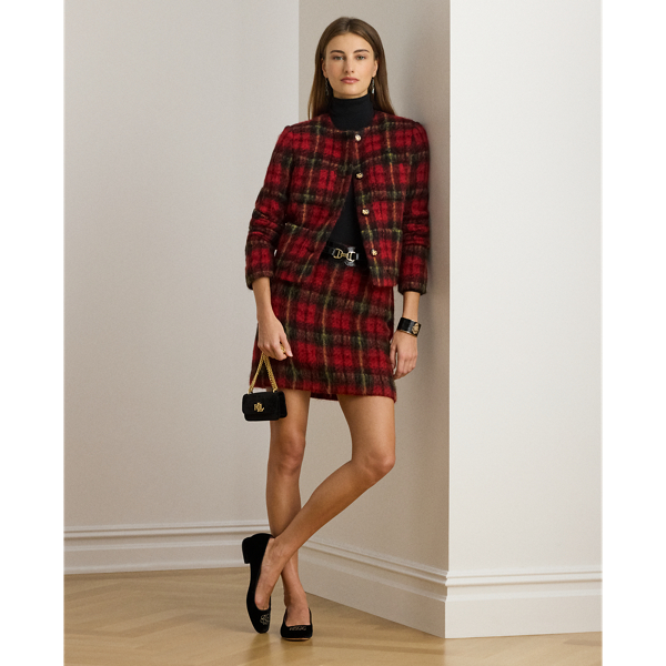 Ralph Lauren Plaid Mohair Pencil Miniskirt In Red