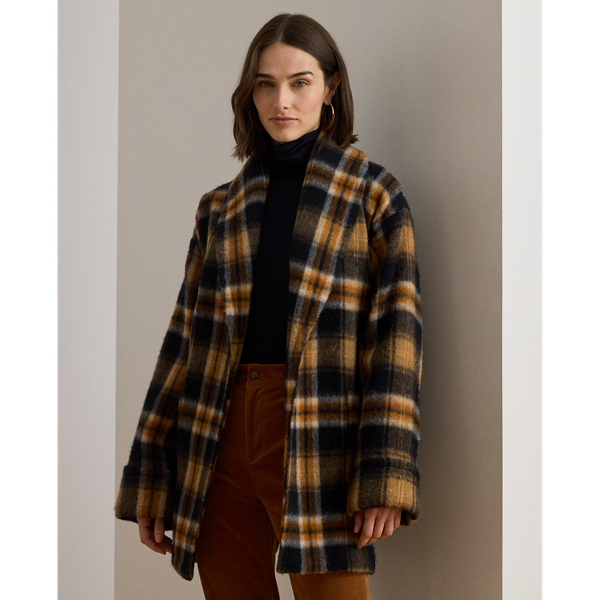 Ralph Lauren Plaid Wool-blend Shawl-collar Wrap Coat In Multi