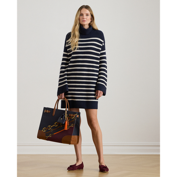 Ralph Lauren Striped Wool-cashmere Turtleneck Dress In Multi