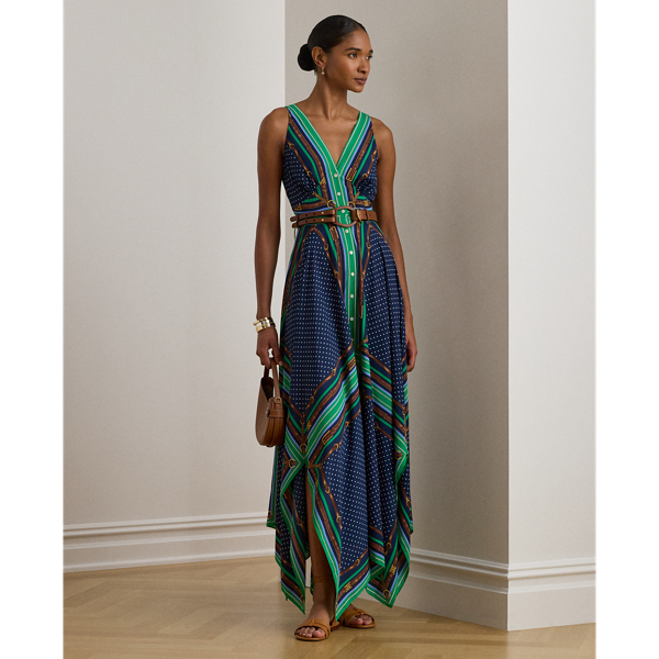Ralph Lauren Belting & Polka-dot Georgette Dress In Multi
