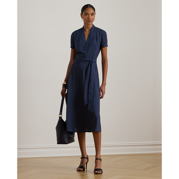 Ralph Lauren Polka-dot Belted Crepe Dress In Multi