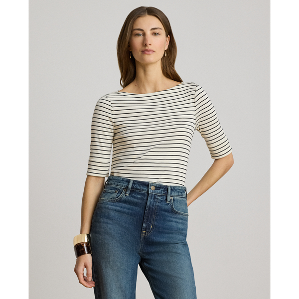 Striped Stretch Cotton Boatneck T-Shirt