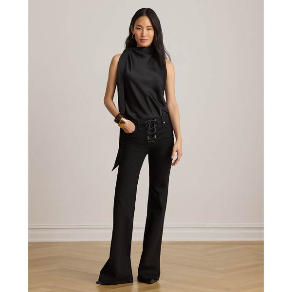 Ralph Lauren Lace-up High-rise Flare Jean In Black Wash