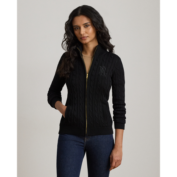 Ralph Lauren Cable-knit Full-zip Mockneck Sweater In Black