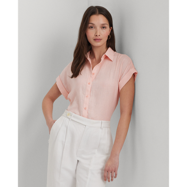Lauren Petite Relaxed Fit Linen Short-sleeve Shirt In Pink Opal