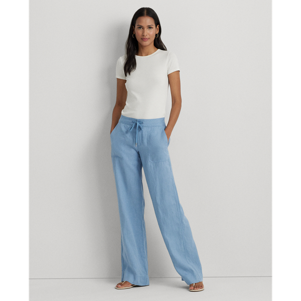 Shop Lauren Petite Linen Wide-leg Pant In Pale Azure