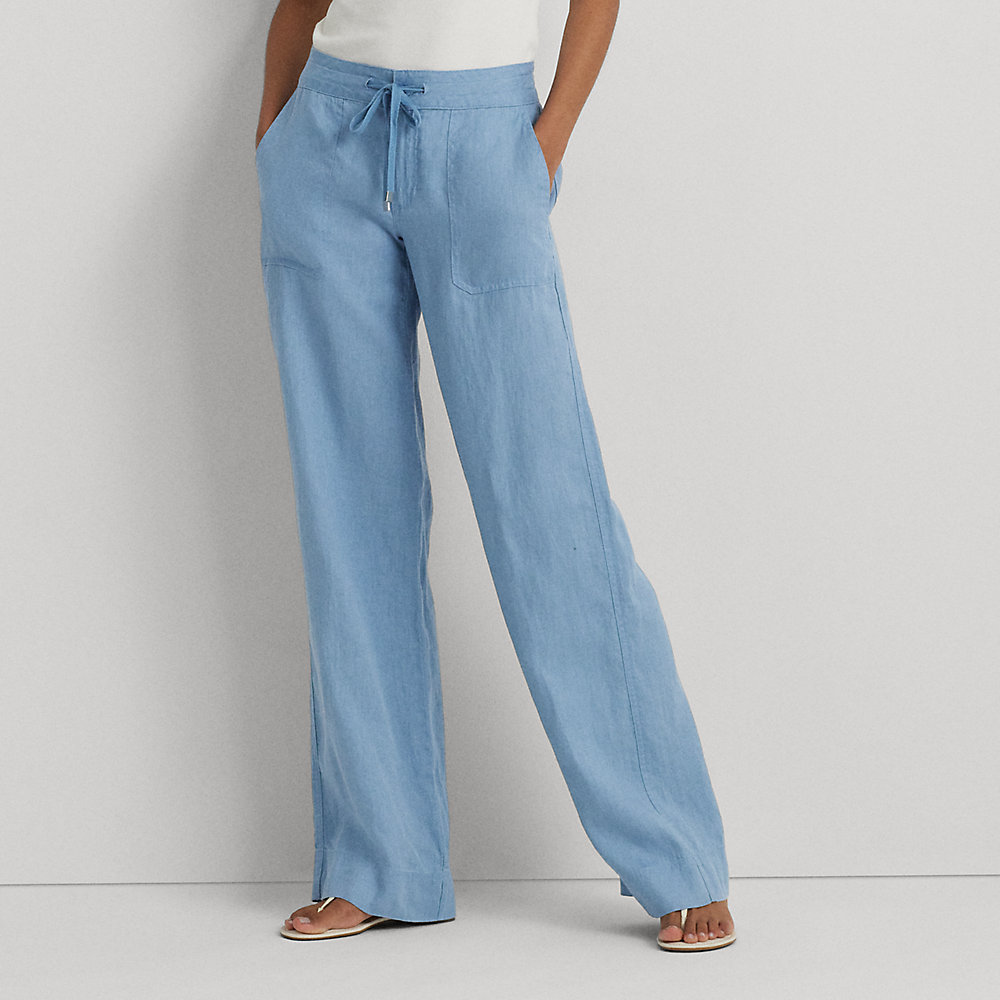 Shop Lauren Petite Linen Wide-leg Pant In Pale Azure