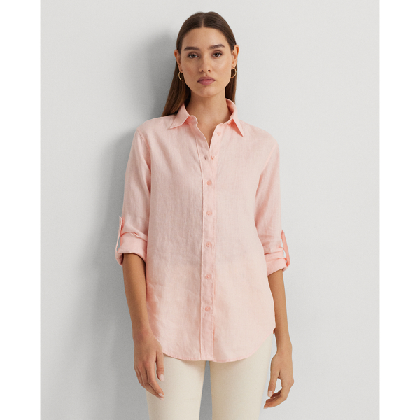 Shop Lauren Petite Relaxed Fit Linen Roll Tab-sleeve Shirt In Pink Opal