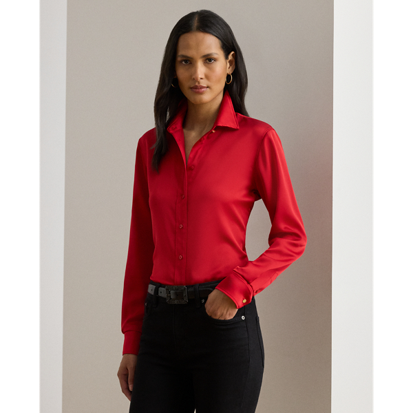 Lauren Petite Ralph Lauren Classic Fit Satin Charmeuse Shirt In Red