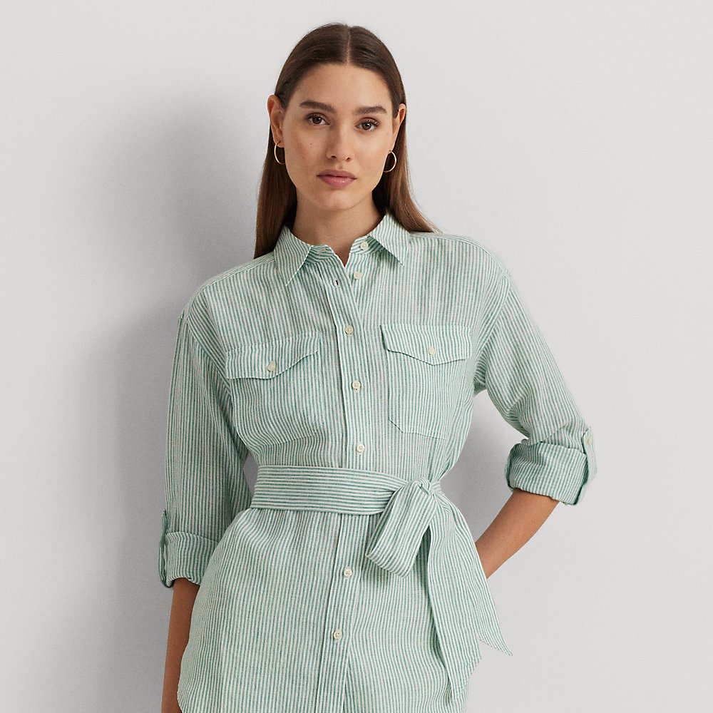 Lauren Petite Relaxed Fit Striped Belted Linen Shirt In Soft Laurel/white