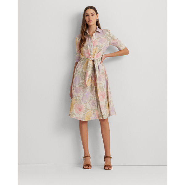 Shop Lauren Petite Floral Tie-front Linen Shirtdress In Cream Multi