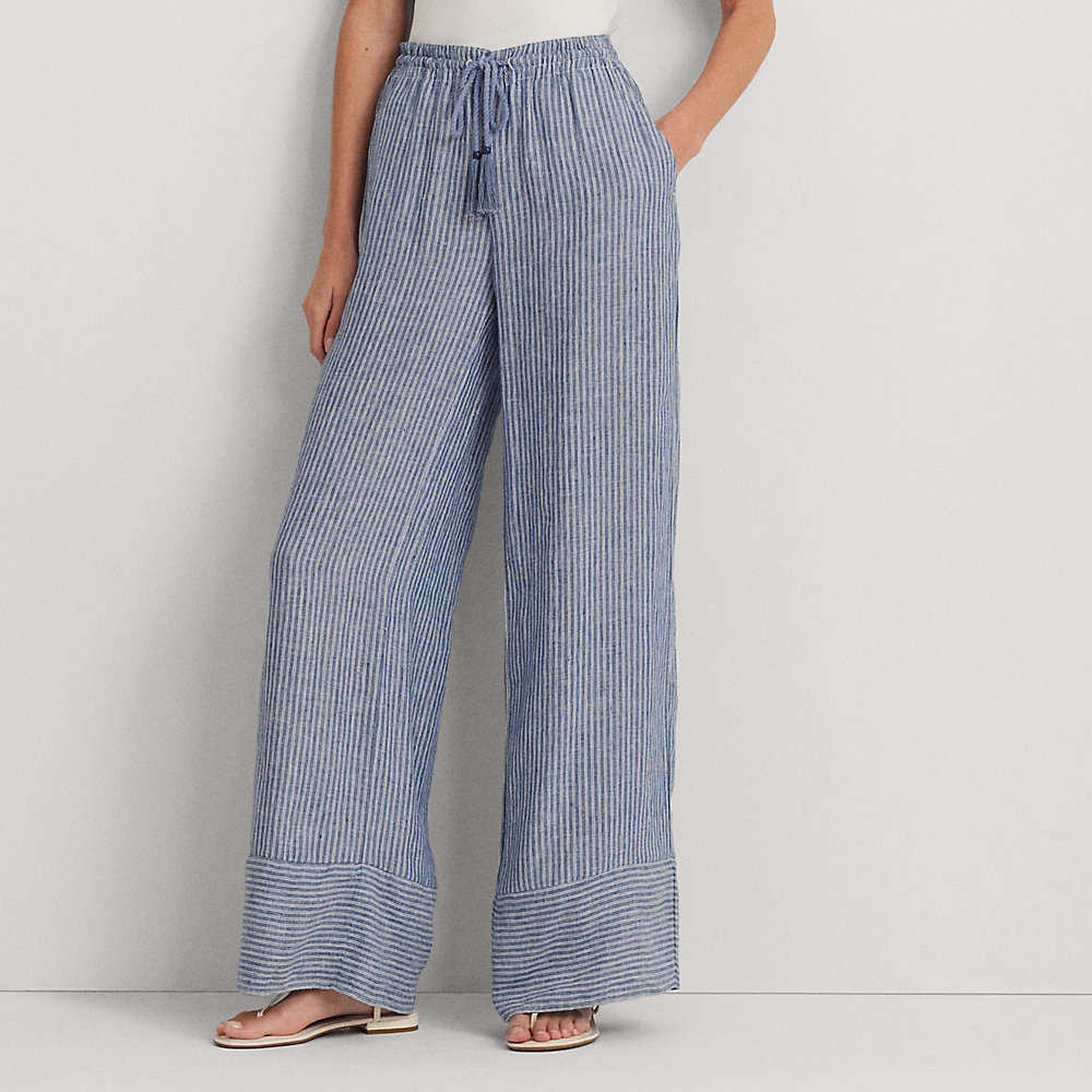 Lauren Petite Pinstripe Linen Wide-leg Pant In Blue/white