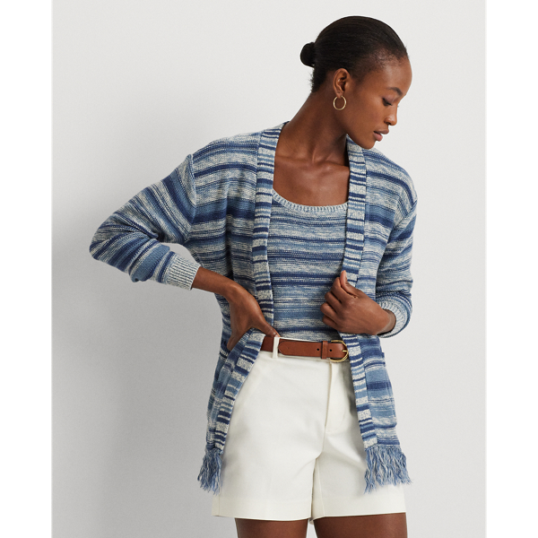 Lauren Petite Striped Belted Linen-cotton Cardigan In Multi