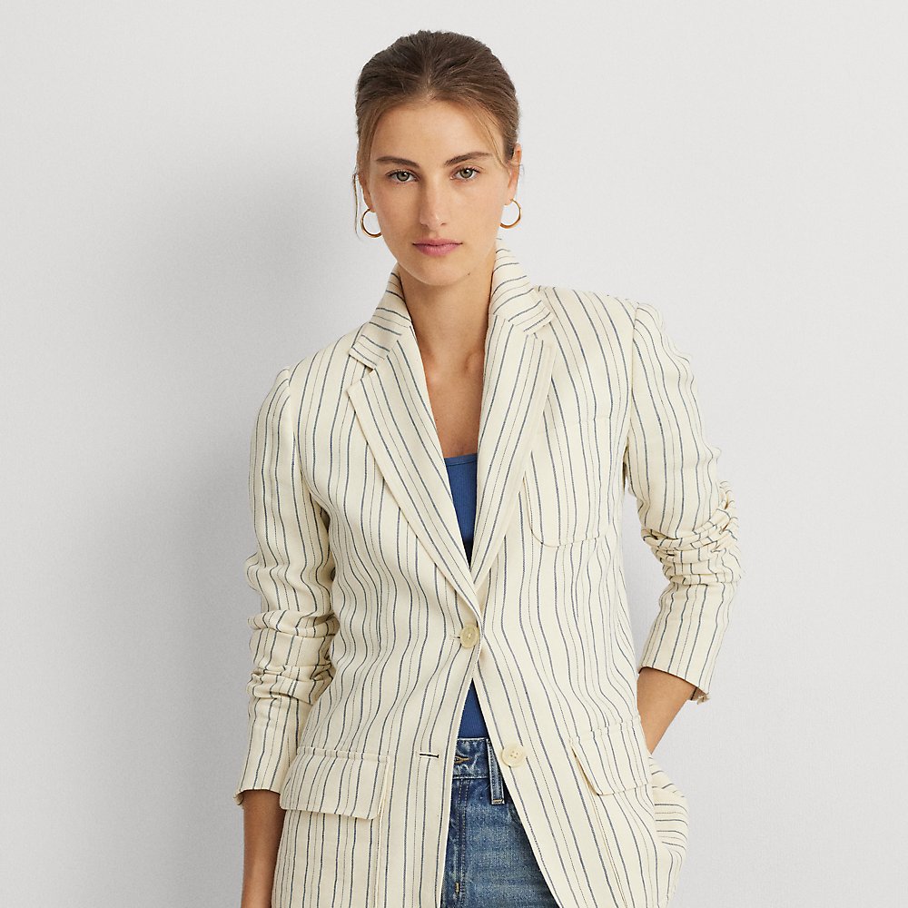 Lauren Petite Striped Cotton-blend Blazer In Cream/blue