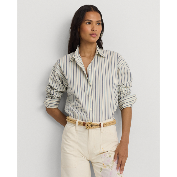 Shop Lauren Petite Striped Cotton Broadcloth Shirt In Blue/white