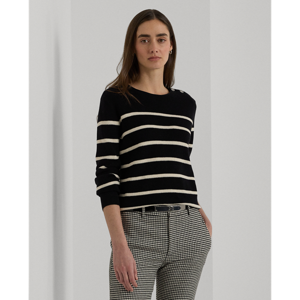 Shop Lauren Petite Striped Combed Cotton Crewneck Sweater In Black/mascarpone Cream
