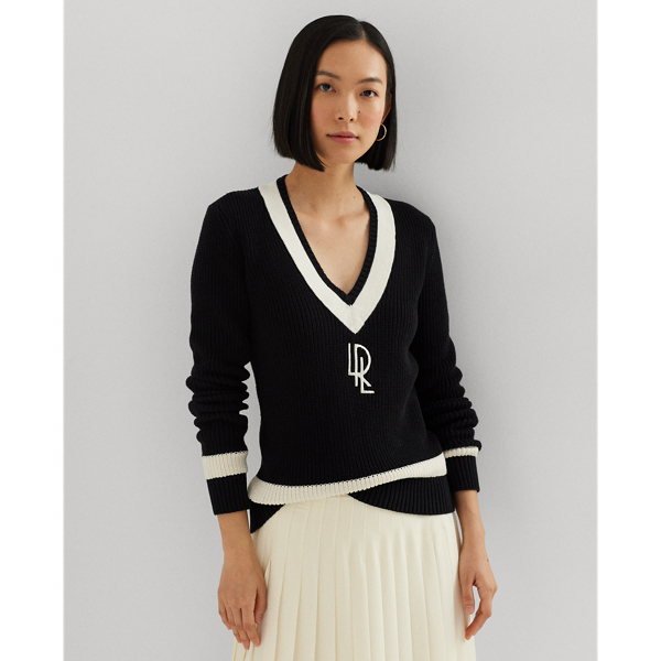 Shop Lauren Petite Rib-knit Cotton Cricket Sweater In Black/mascarpone Cream