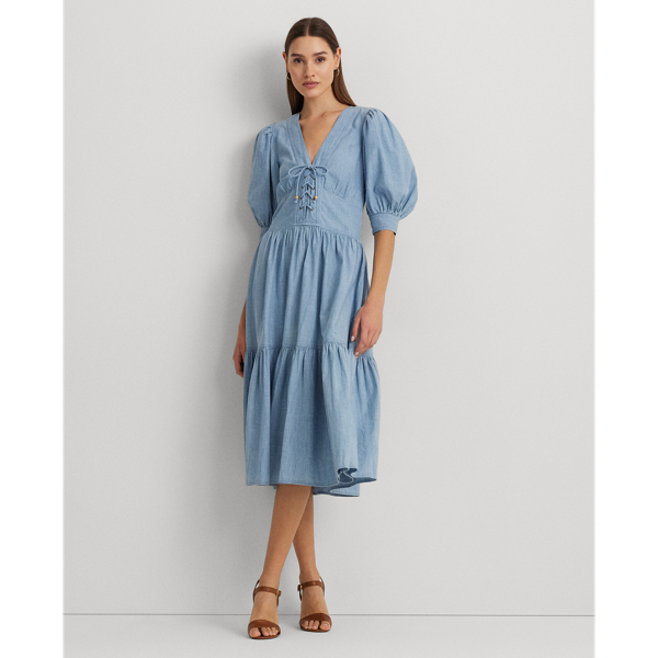 Shop Lauren Petite Chambray Puff-sleeve Dress In Medium Chambray Wash