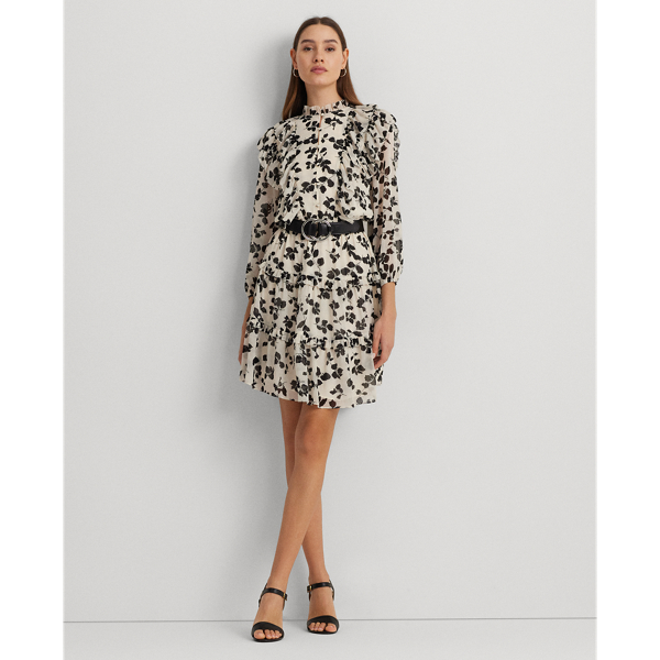 Shop Lauren Petite Leaf-print Ruffle-trim Georgette Dress In Cream/black