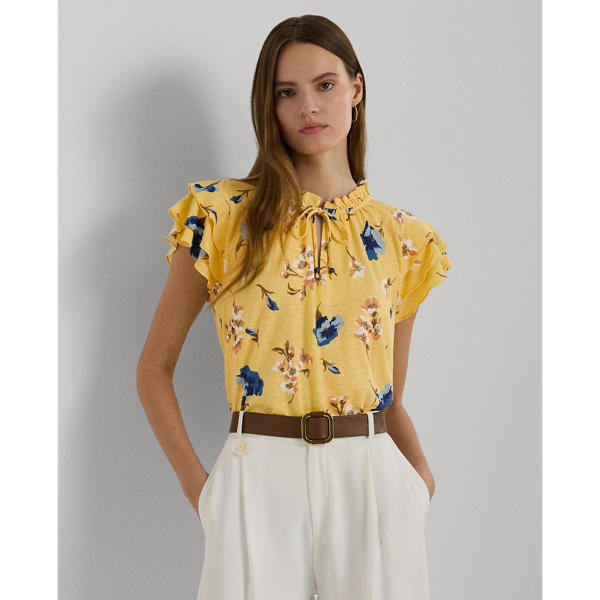 Lauren Petite Floral Linen-blend Jersey Tie-neck Top In Yellow Multi