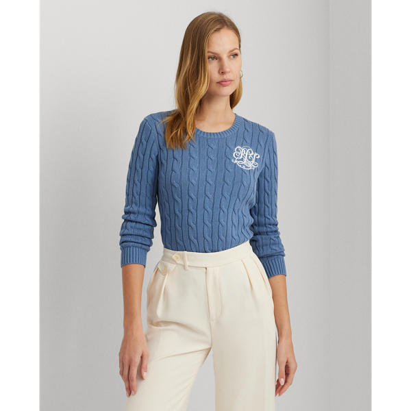 Lauren Petite Cable-knit Cotton Sweater In Pale Azure