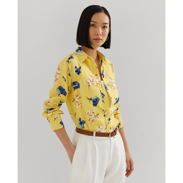 Lauren Petite Relaxed Fit Floral Linen Shirt In Yellow Multi