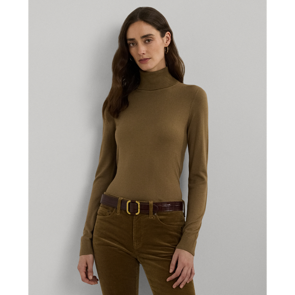 Lauren Petite Silk-blend Turtleneck Sweater In Honey Tan